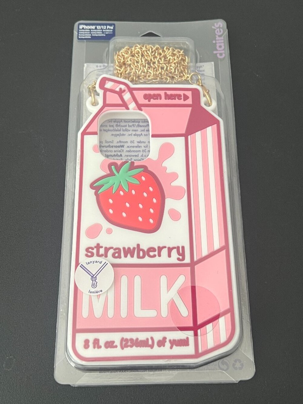 Claire’s Strawberry Milk iPhone 12 / 12 Pro Case w/ Chain Lanyard Cute Y2K NWT